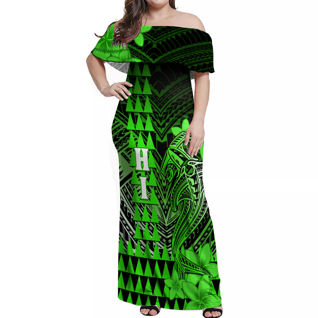Personalized Hawaii Off Shoulder Maxi Dress Hammerhead Shark Kakau Polynesian Tribal Green LT05 Women Green - Polynesian Pride