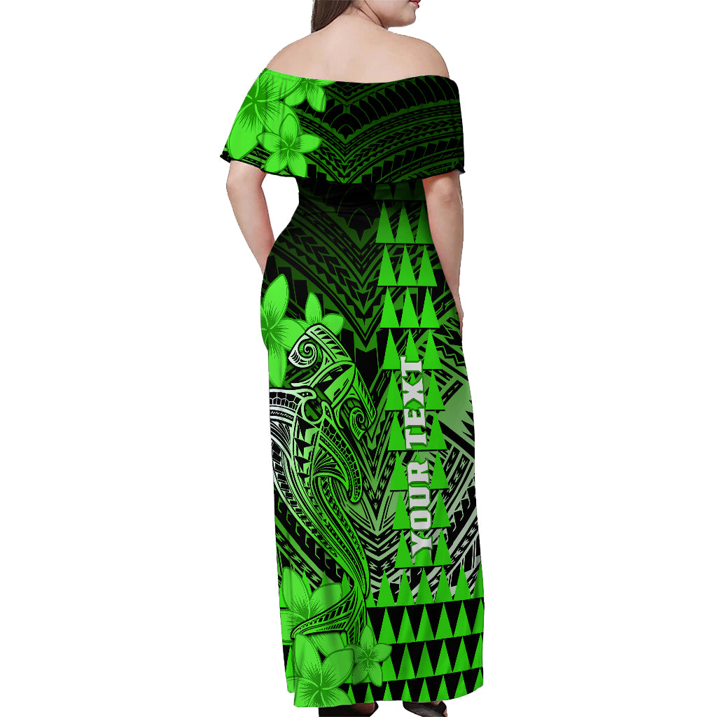 Personalized Hawaii Off Shoulder Maxi Dress Hammerhead Shark Kakau Polynesian Tribal Green LT05 - Polynesian Pride