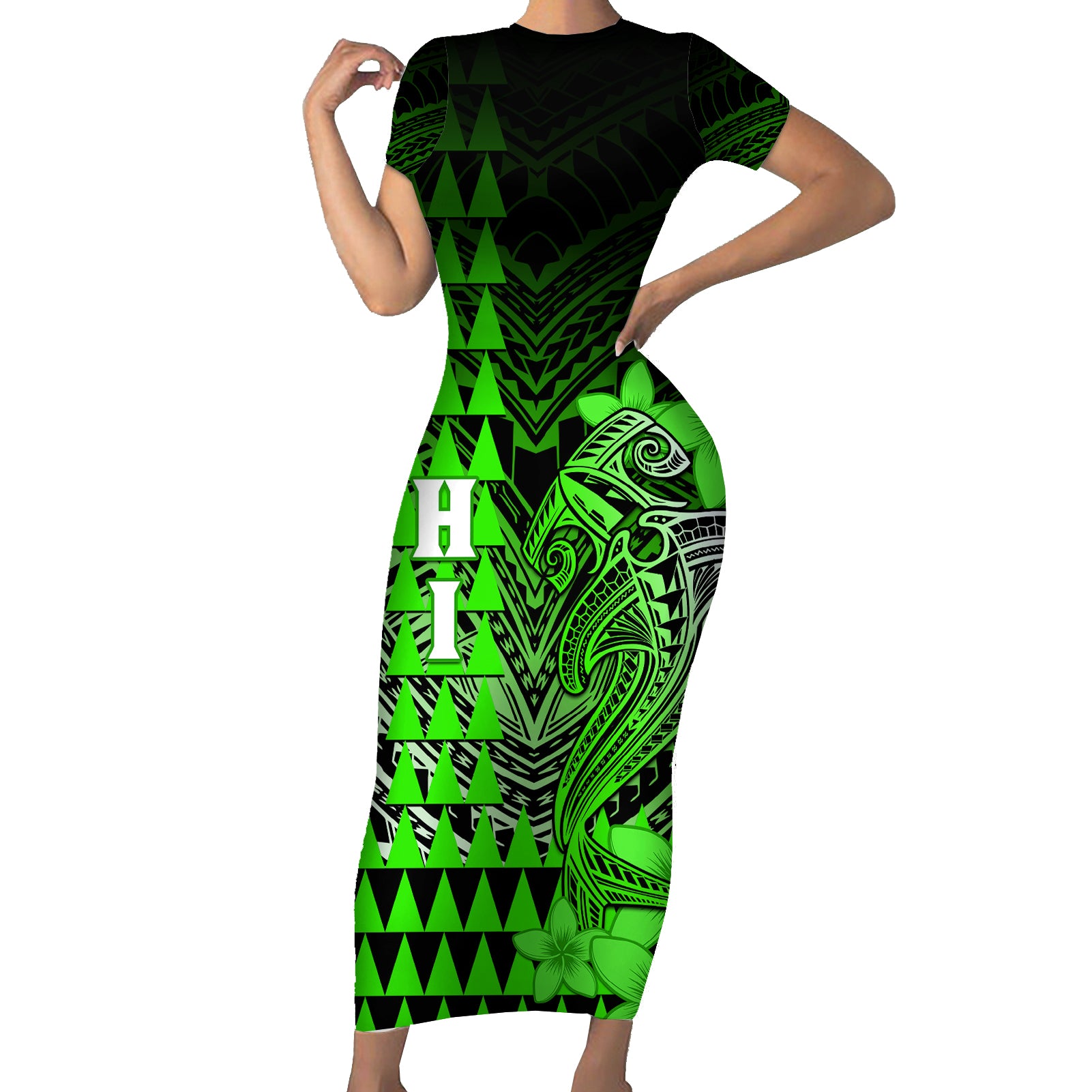 Personalized Hawaii Short Sleeve Bodycon Dress Hammerhead Shark Kakau Polynesian Tribal Green LT05 Long Dress Green - Polynesian Pride