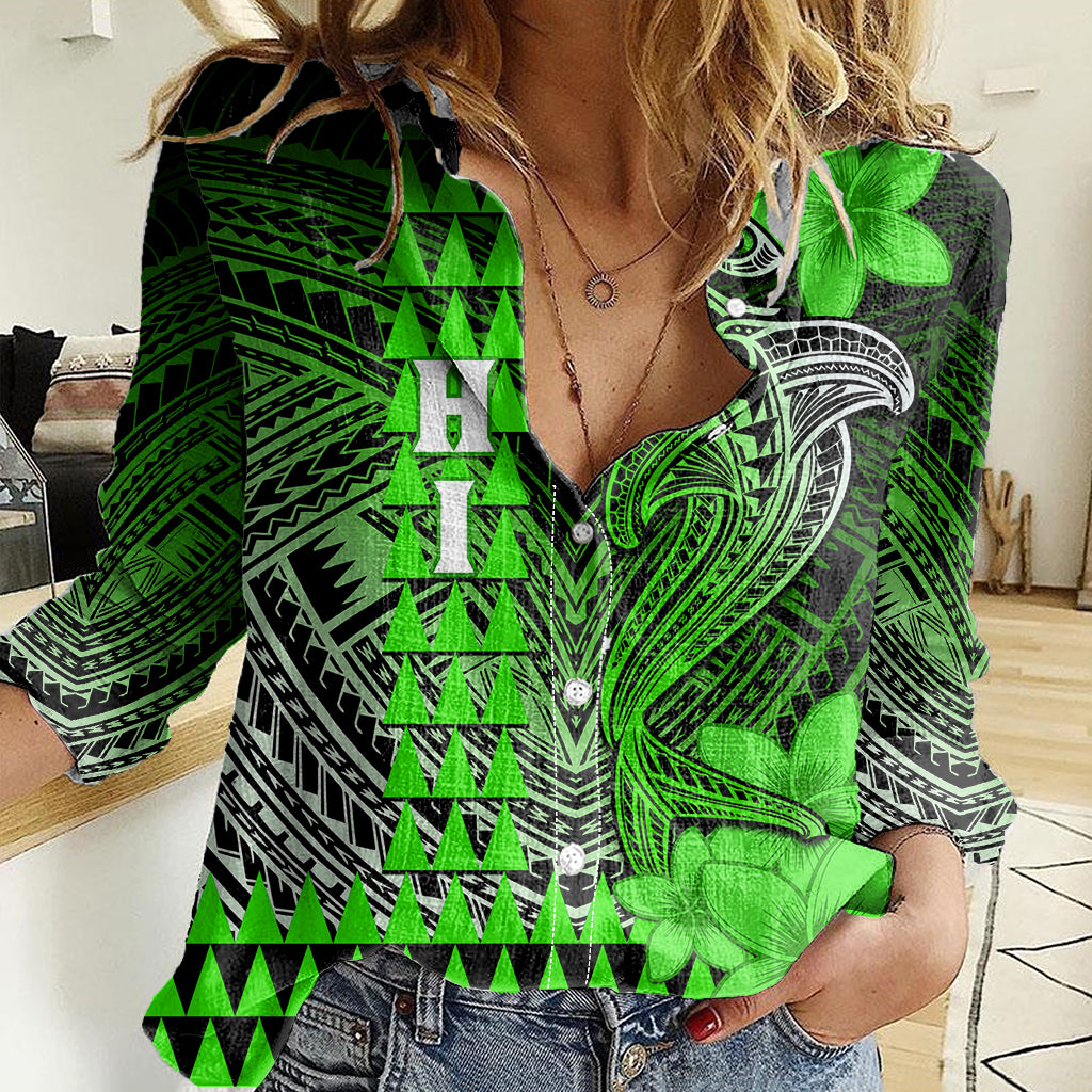 Personalized Hawaii Women Casual Shirt Hammerhead Shark Kakau Polynesian Tribal Green LT05 Female Green - Polynesian Pride