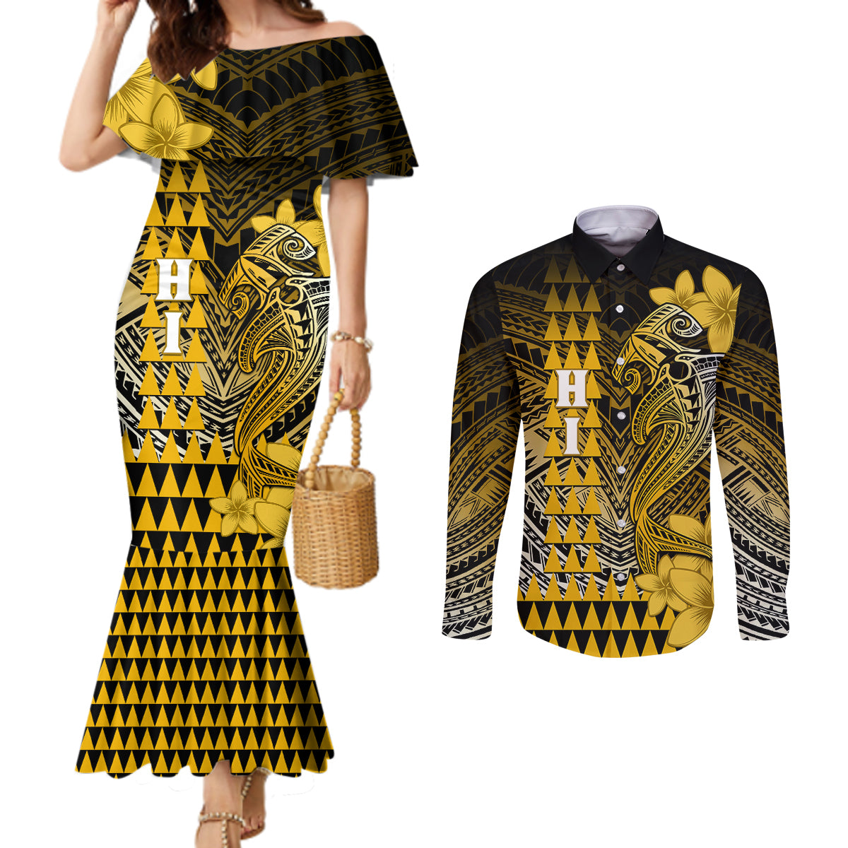 Personalized Hawaii Couples Matching Mermaid Dress and Long Sleeve Button Shirts Hammerhead Shark Kakau Polynesian Tribal Gold LT05 Gold - Polynesian Pride