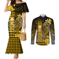 Personalized Hawaii Couples Matching Mermaid Dress and Long Sleeve Button Shirts Hammerhead Shark Kakau Polynesian Tribal Gold LT05 Gold - Polynesian Pride