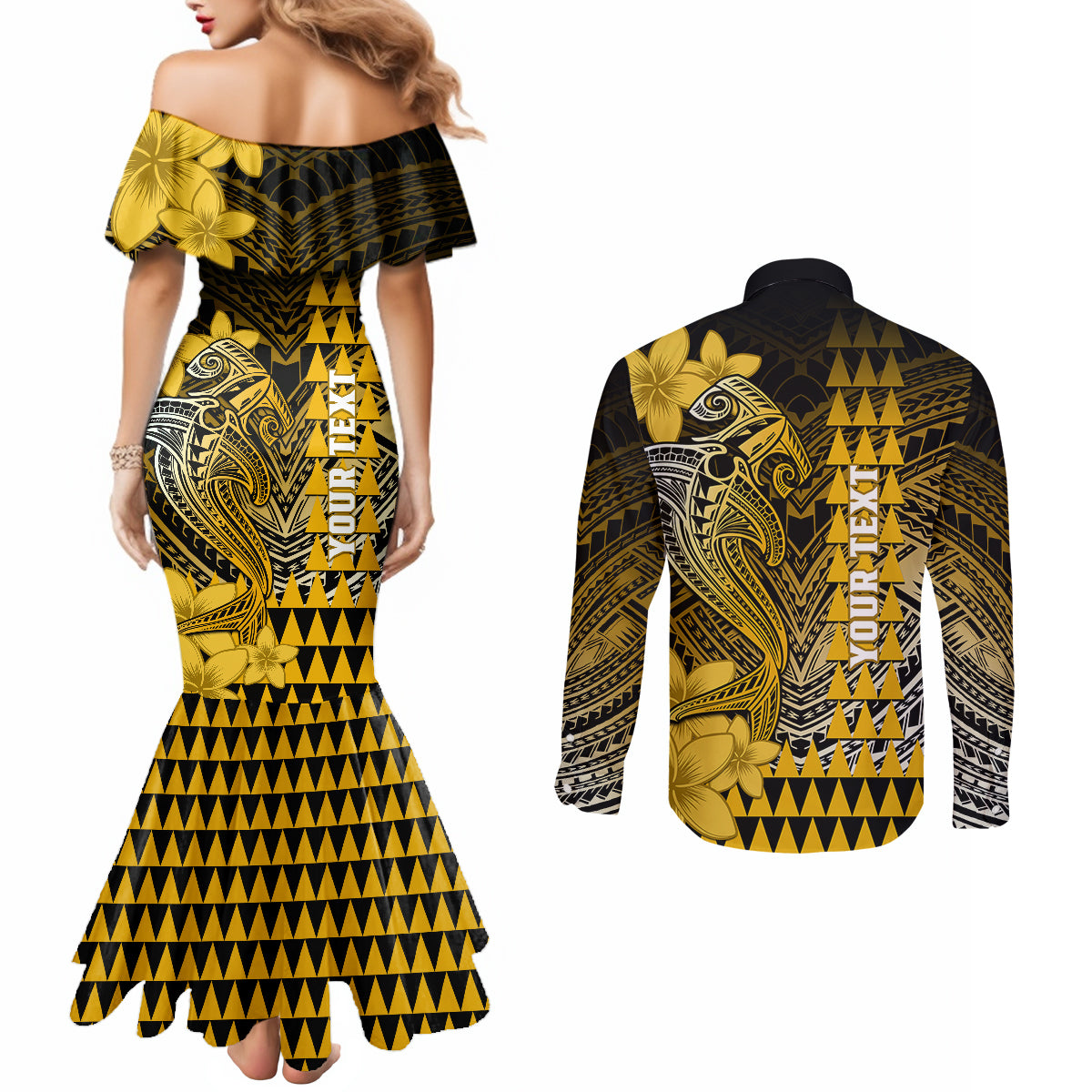 Personalized Hawaii Couples Matching Mermaid Dress and Long Sleeve Button Shirts Hammerhead Shark Kakau Polynesian Tribal Gold LT05 - Polynesian Pride