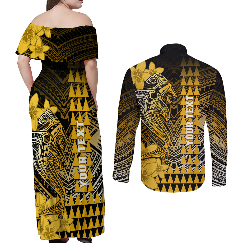 Personalized Hawaii Couples Matching Off Shoulder Maxi Dress and Long Sleeve Button Shirts Hammerhead Shark Kakau Polynesian Tribal Gold LT05 - Polynesian Pride