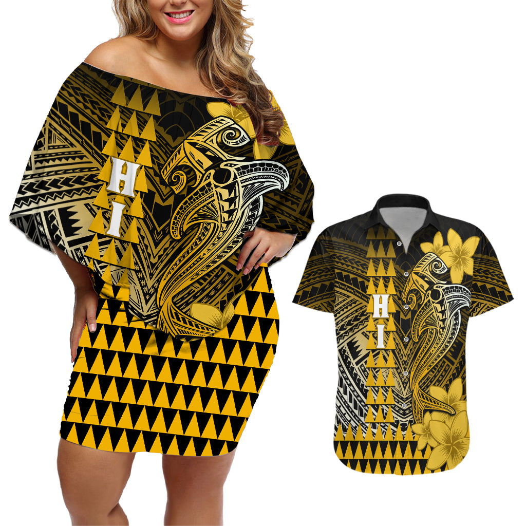 Personalized Hawaii Couples Matching Off Shoulder Short Dress and Hawaiian Shirt Hammerhead Shark Kakau Polynesian Tribal Gold LT05 Gold - Polynesian Pride