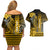 Personalized Hawaii Couples Matching Off Shoulder Short Dress and Hawaiian Shirt Hammerhead Shark Kakau Polynesian Tribal Gold LT05 - Polynesian Pride
