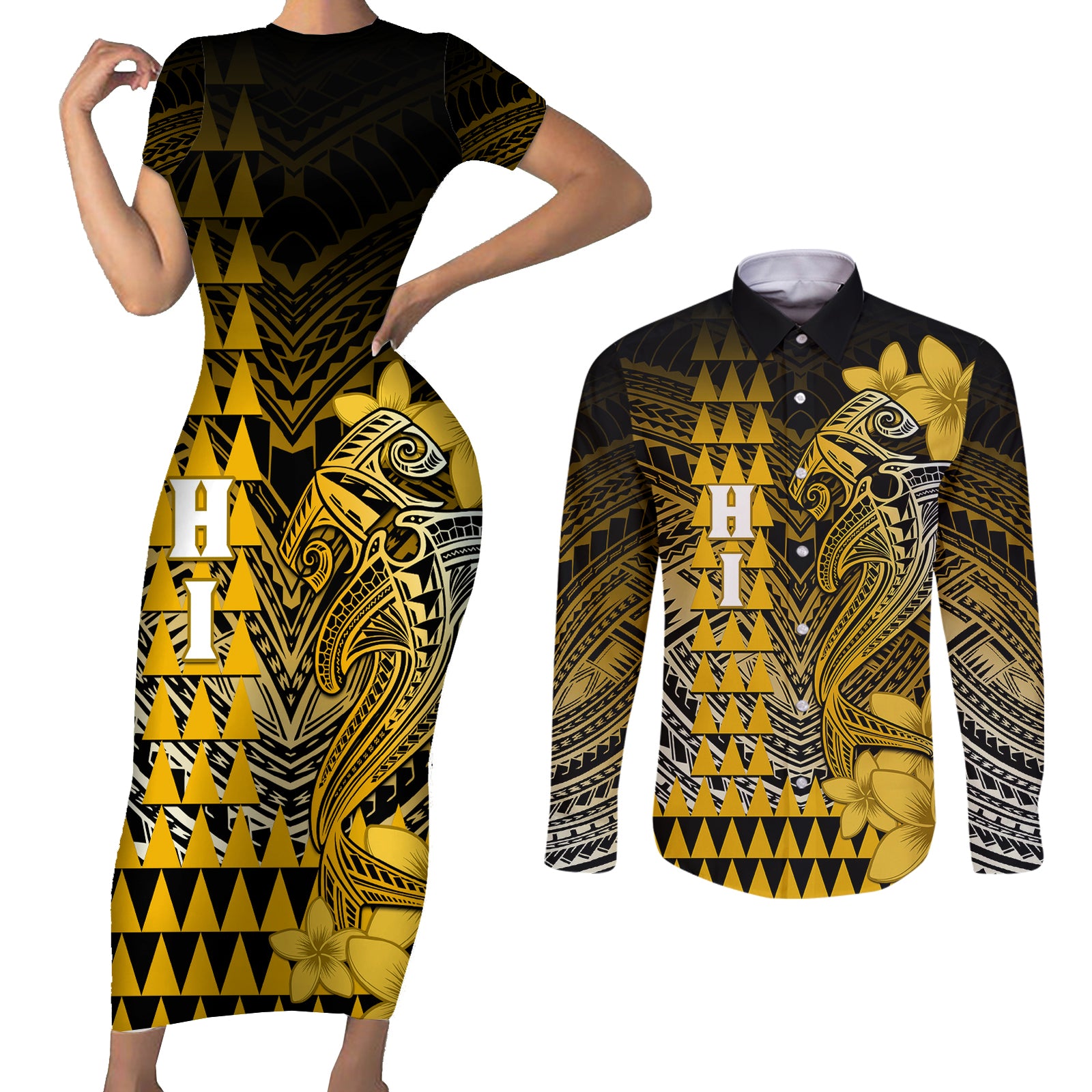 Personalized Hawaii Couples Matching Short Sleeve Bodycon Dress and Long Sleeve Button Shirts Hammerhead Shark Kakau Polynesian Tribal Gold LT05 Gold - Polynesian Pride