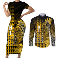 Personalized Hawaii Couples Matching Short Sleeve Bodycon Dress and Long Sleeve Button Shirts Hammerhead Shark Kakau Polynesian Tribal Gold LT05 Gold - Polynesian Pride