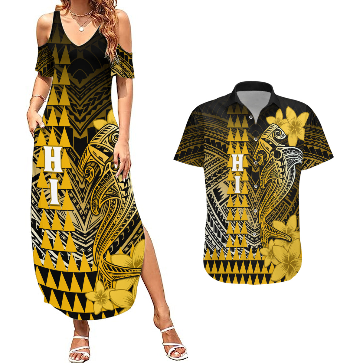 Personalized Hawaii Couples Matching Summer Maxi Dress and Hawaiian Shirt Hammerhead Shark Kakau Polynesian Tribal Gold LT05 Gold - Polynesian Pride