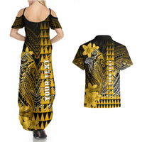 Personalized Hawaii Couples Matching Summer Maxi Dress and Hawaiian Shirt Hammerhead Shark Kakau Polynesian Tribal Gold LT05 - Polynesian Pride