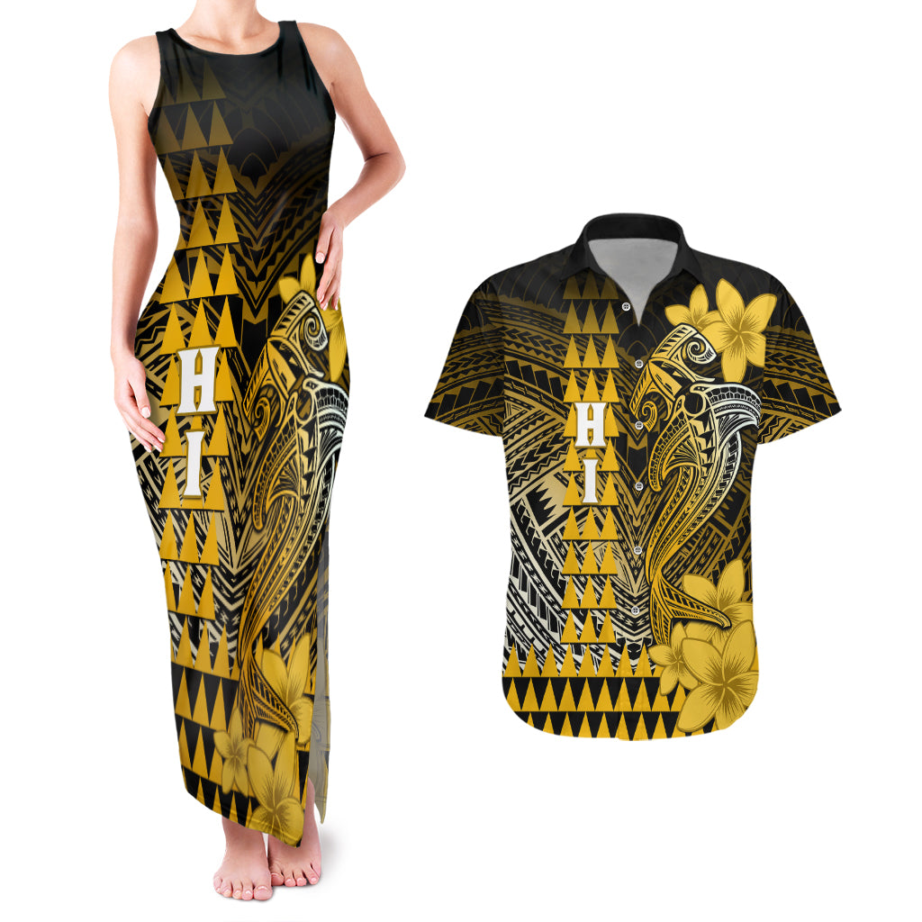 Personalized Hawaii Couples Matching Tank Maxi Dress and Hawaiian Shirt Hammerhead Shark Kakau Polynesian Tribal Gold LT05 Gold - Polynesian Pride