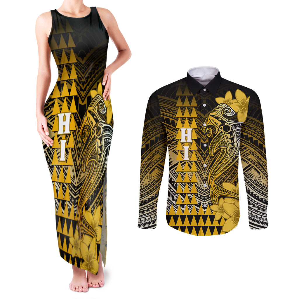 Personalized Hawaii Couples Matching Tank Maxi Dress and Long Sleeve Button Shirts Hammerhead Shark Kakau Polynesian Tribal Gold LT05 Gold - Polynesian Pride