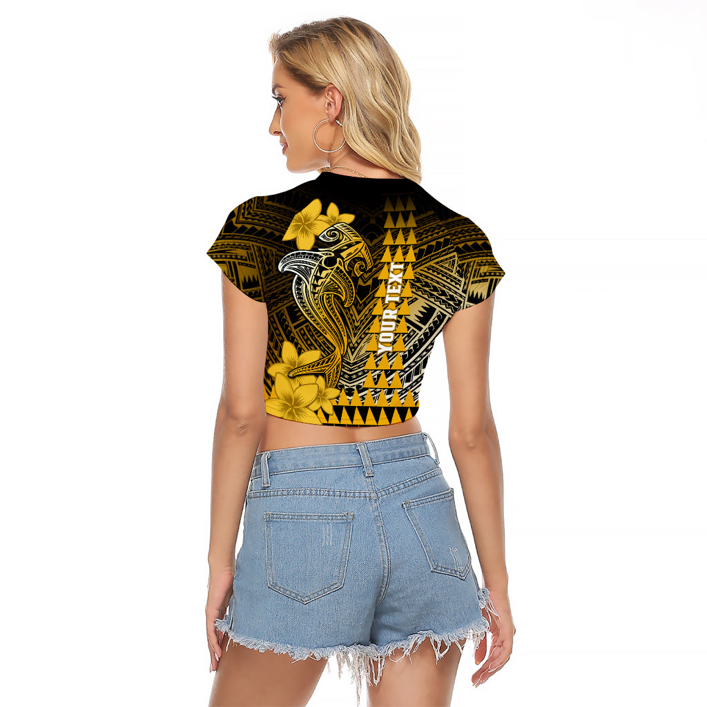 Personalized Hawaii Raglan Cropped T Shirt Hammerhead Shark Kakau Polynesian Tribal Gold LT05 - Polynesian Pride