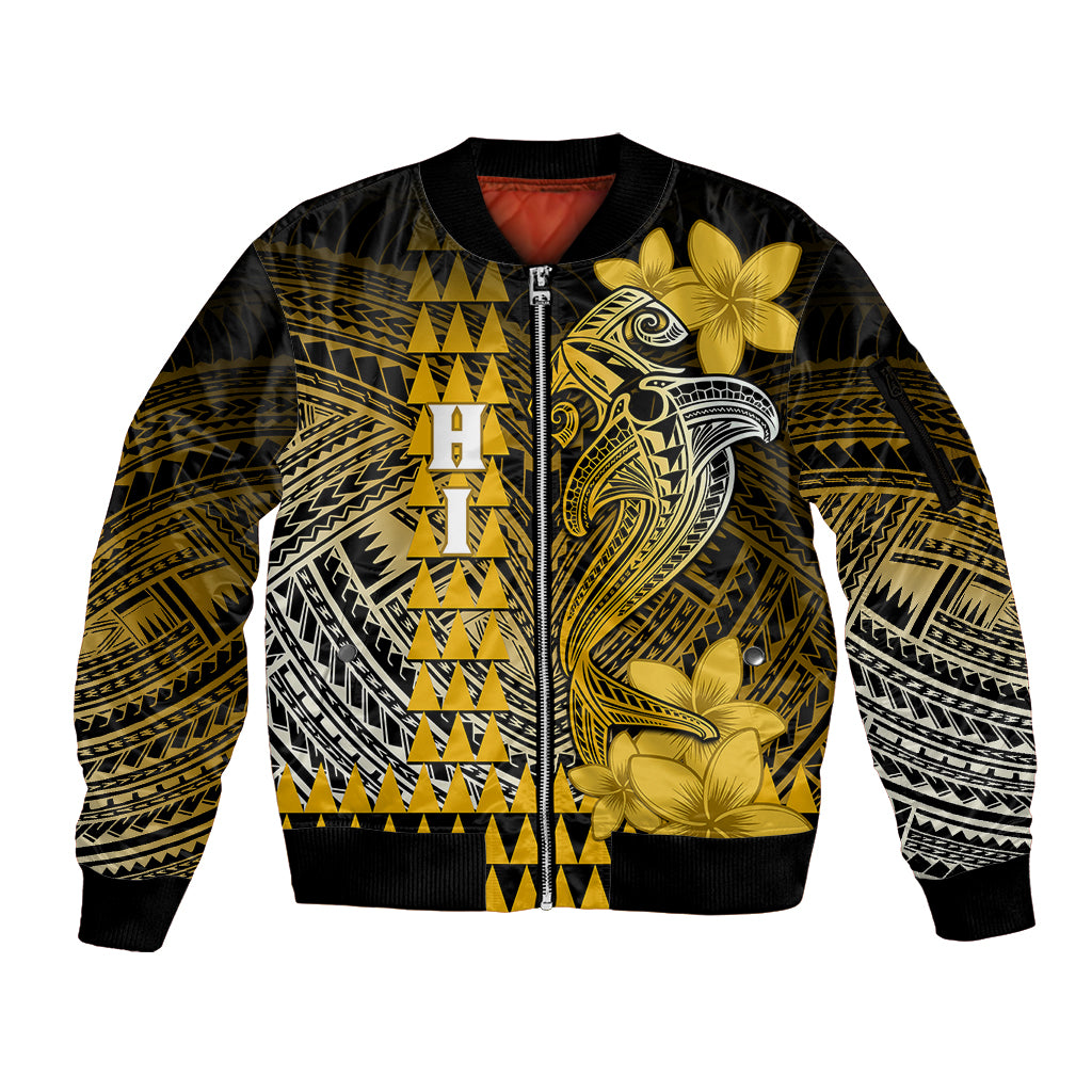 Personalized Hawaii Sleeve Zip Bomber Jacket Hammerhead Shark Kakau Polynesian Tribal Gold LT05 Unisex Gold - Polynesian Pride