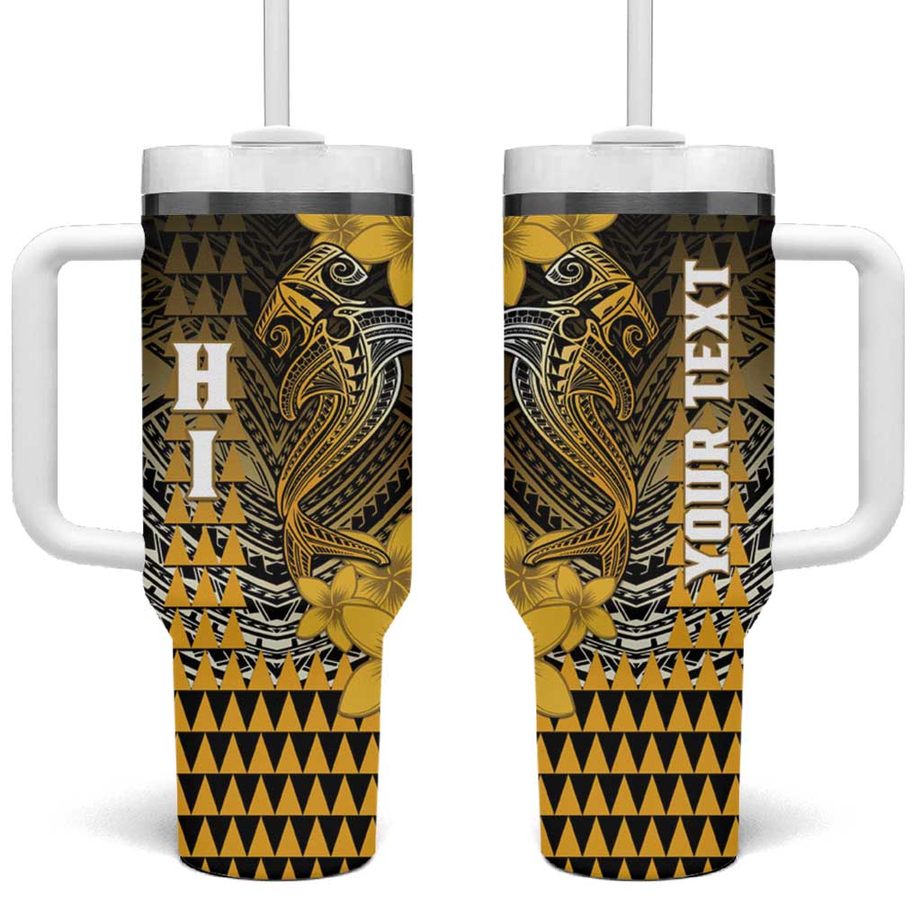 Personalized Hawaii Tumbler With Handle Hammerhead Shark Kakau Polynesian Tribal Gold