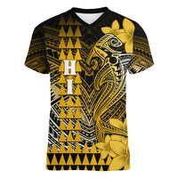 Personalized Hawaii Women V Neck T Shirt Hammerhead Shark Kakau Polynesian Tribal Gold LT05 Female Gold - Polynesian Pride