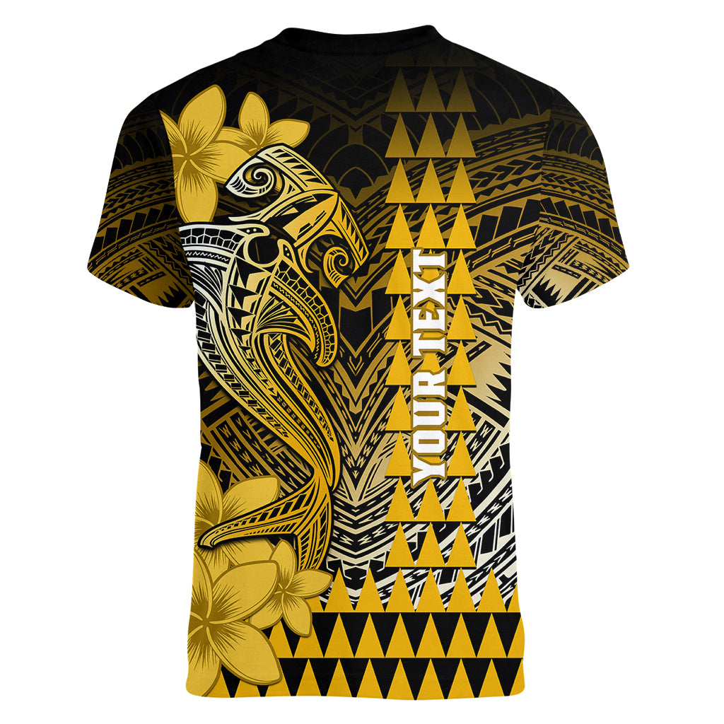 Personalized Hawaii Women V Neck T Shirt Hammerhead Shark Kakau Polynesian Tribal Gold LT05 - Polynesian Pride