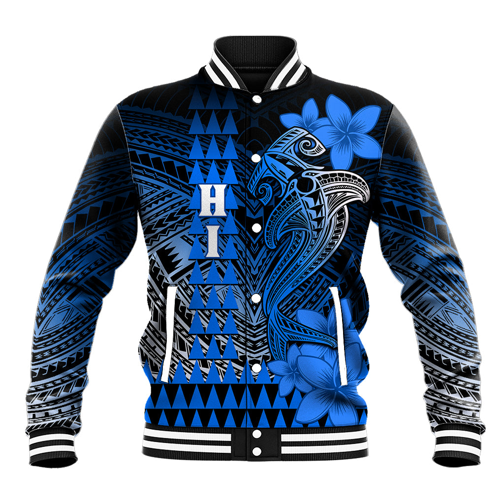 Personalized Hawaii Baseball Jacket Hammerhead Shark Kakau Polynesian Tribal Blue LT05 Unisex Blue - Polynesian Pride