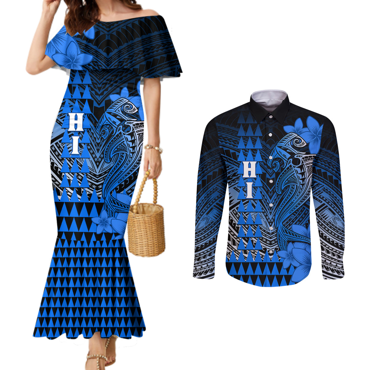 Personalized Hawaii Couples Matching Mermaid Dress and Long Sleeve Button Shirts Hammerhead Shark Kakau Polynesian Tribal Blue LT05 Blue - Polynesian Pride