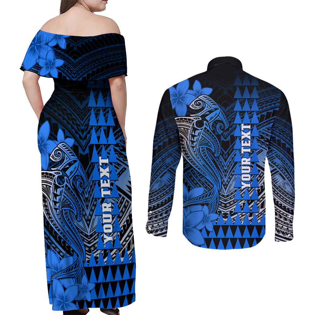 Personalized Hawaii Couples Matching Off Shoulder Maxi Dress and Long Sleeve Button Shirts Hammerhead Shark Kakau Polynesian Tribal Blue LT05 - Polynesian Pride