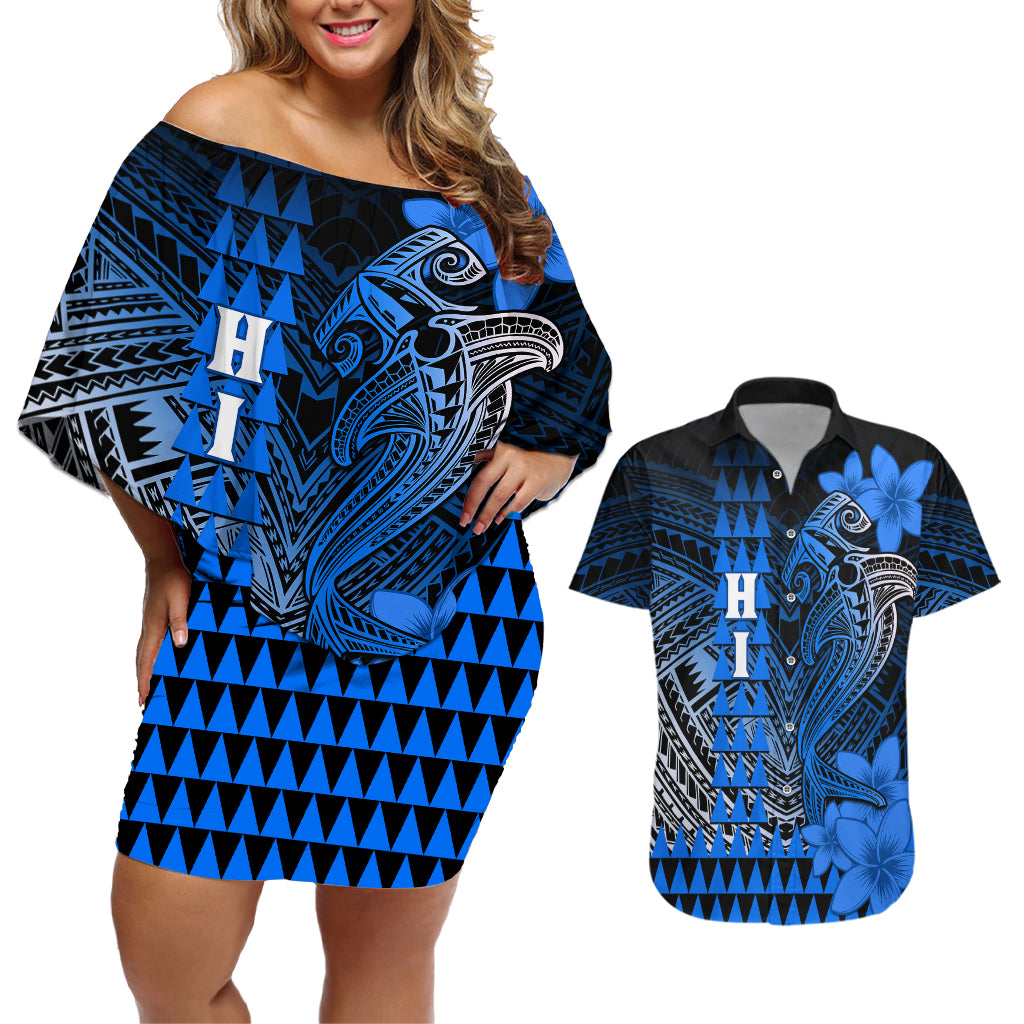 Personalized Hawaii Couples Matching Off Shoulder Short Dress and Hawaiian Shirt Hammerhead Shark Kakau Polynesian Tribal Blue LT05 Blue - Polynesian Pride