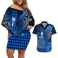 Personalized Hawaii Couples Matching Off Shoulder Short Dress and Hawaiian Shirt Hammerhead Shark Kakau Polynesian Tribal Blue LT05 Blue - Polynesian Pride