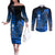 Personalized Hawaii Couples Matching Off The Shoulder Long Sleeve Dress and Long Sleeve Button Shirts Hammerhead Shark Kakau Polynesian Tribal Blue LT05 Blue - Polynesian Pride