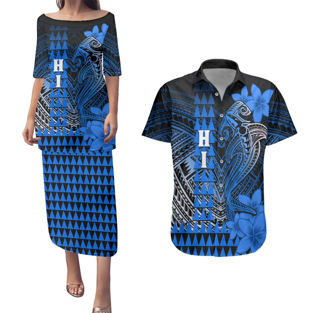 Personalized Hawaii Couples Matching Puletasi Dress and Hawaiian Shirt Hammerhead Shark Kakau Polynesian Tribal Blue LT05 Blue - Polynesian Pride