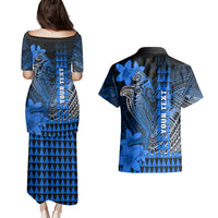 Personalized Hawaii Couples Matching Puletasi Dress and Hawaiian Shirt Hammerhead Shark Kakau Polynesian Tribal Blue LT05 - Polynesian Pride