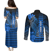 Personalized Hawaii Couples Matching Puletasi Dress and Long Sleeve Button Shirts Hammerhead Shark Kakau Polynesian Tribal Blue LT05 - Polynesian Pride