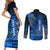 Personalized Hawaii Couples Matching Short Sleeve Bodycon Dress and Long Sleeve Button Shirts Hammerhead Shark Kakau Polynesian Tribal Blue LT05 - Polynesian Pride