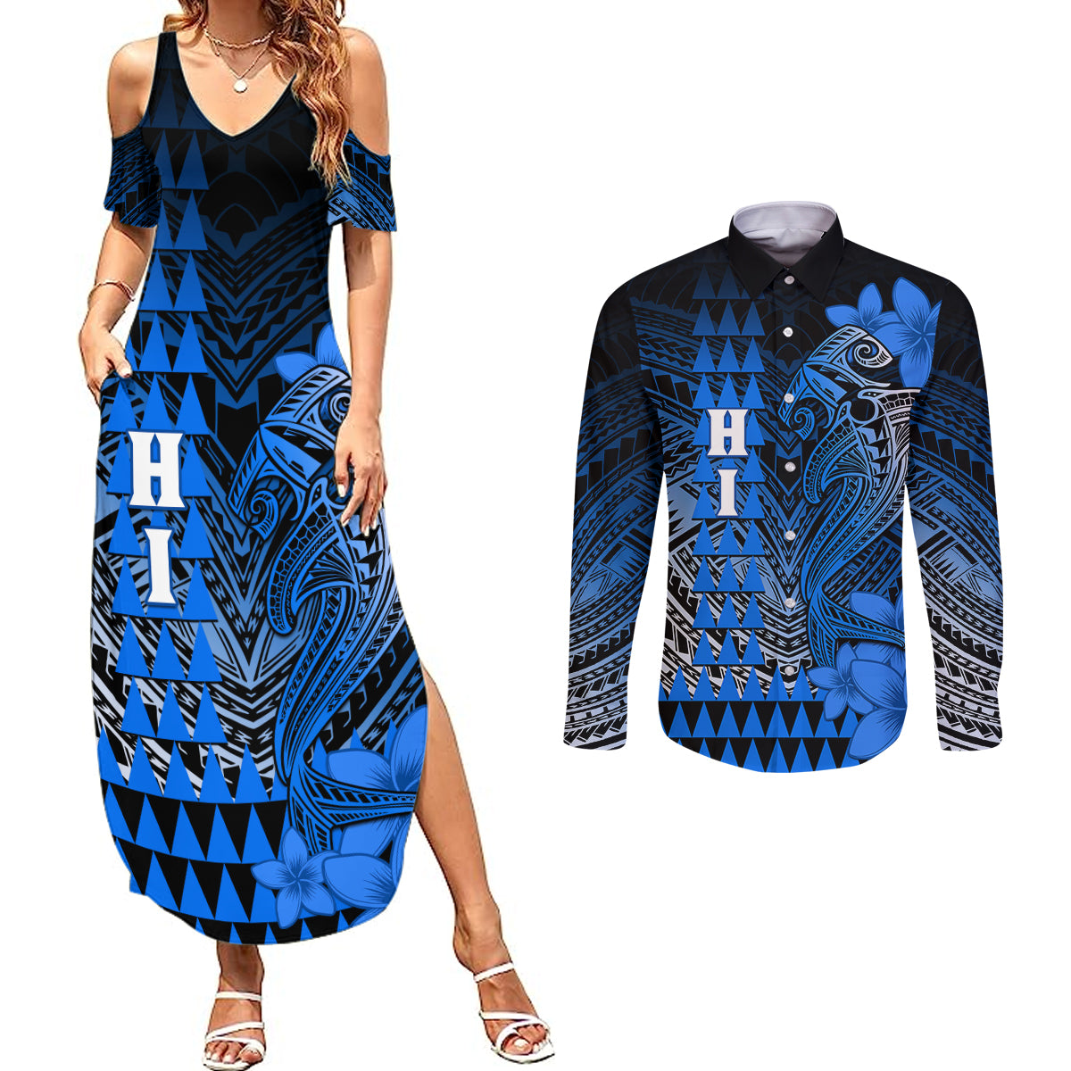 Personalized Hawaii Couples Matching Summer Maxi Dress and Long Sleeve Button Shirts Hammerhead Shark Kakau Polynesian Tribal Blue LT05 Blue - Polynesian Pride
