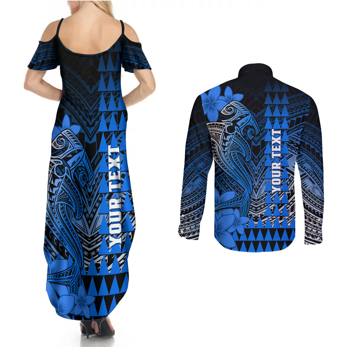 Personalized Hawaii Couples Matching Summer Maxi Dress and Long Sleeve Button Shirts Hammerhead Shark Kakau Polynesian Tribal Blue LT05 - Polynesian Pride