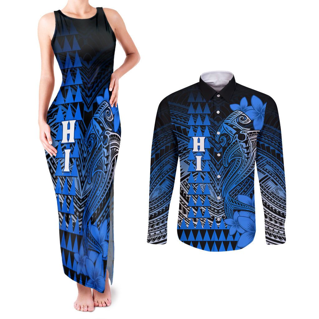 Personalized Hawaii Couples Matching Tank Maxi Dress and Long Sleeve Button Shirts Hammerhead Shark Kakau Polynesian Tribal Blue LT05 Blue - Polynesian Pride