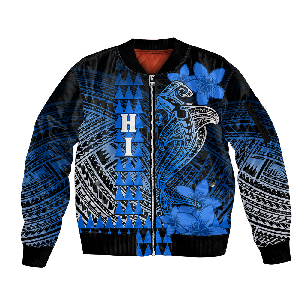 Personalized Hawaii Sleeve Zip Bomber Jacket Hammerhead Shark Kakau Polynesian Tribal Blue LT05 Unisex Blue - Polynesian Pride