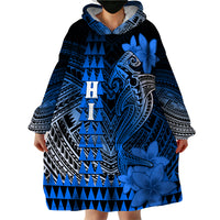 Personalized Hawaii Wearable Blanket Hoodie Hammerhead Shark Kakau Polynesian Tribal Blue LT05 - Polynesian Pride