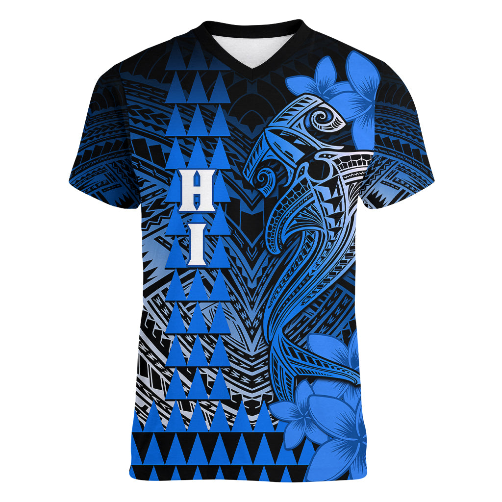 Personalized Hawaii Women V Neck T Shirt Hammerhead Shark Kakau Polynesian Tribal Blue LT05 Female Blue - Polynesian Pride