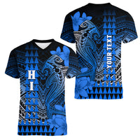Personalized Hawaii Women V Neck T Shirt Hammerhead Shark Kakau Polynesian Tribal Blue LT05 - Polynesian Pride