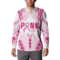 Breast Cancer Pink Out Button Sweatshirt Polynesian Art Tattoo White Version