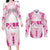 Breast Cancer Pink Out Couples Matching Long Sleeve Bodycon Dress and Long Sleeve Button Shirt Polynesian Art Tattoo White Version