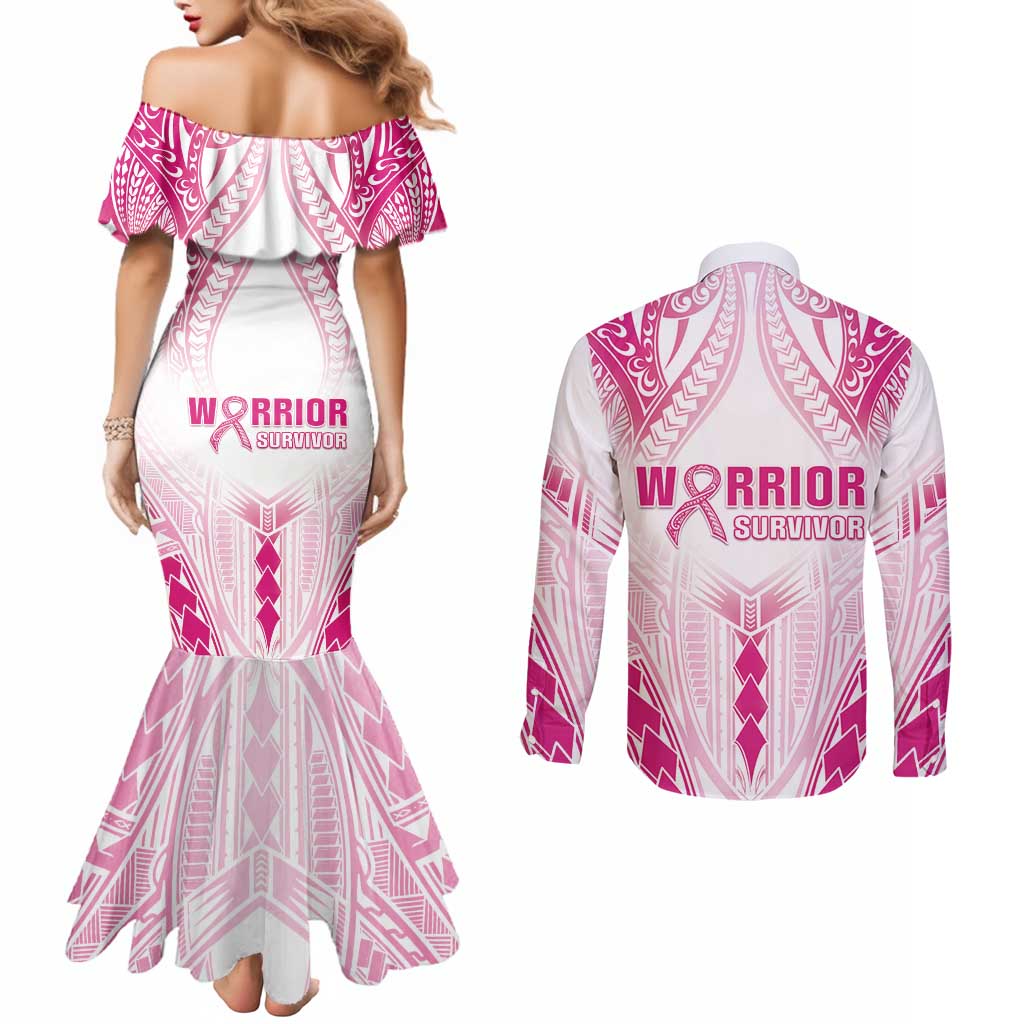 Breast Cancer Pink Out Couples Matching Mermaid Dress and Long Sleeve Button Shirt Polynesian Art Tattoo White Version