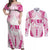 Breast Cancer Pink Out Couples Matching Off Shoulder Maxi Dress and Long Sleeve Button Shirt Polynesian Art Tattoo White Version