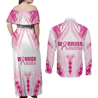 Breast Cancer Pink Out Couples Matching Off Shoulder Maxi Dress and Long Sleeve Button Shirt Polynesian Art Tattoo White Version