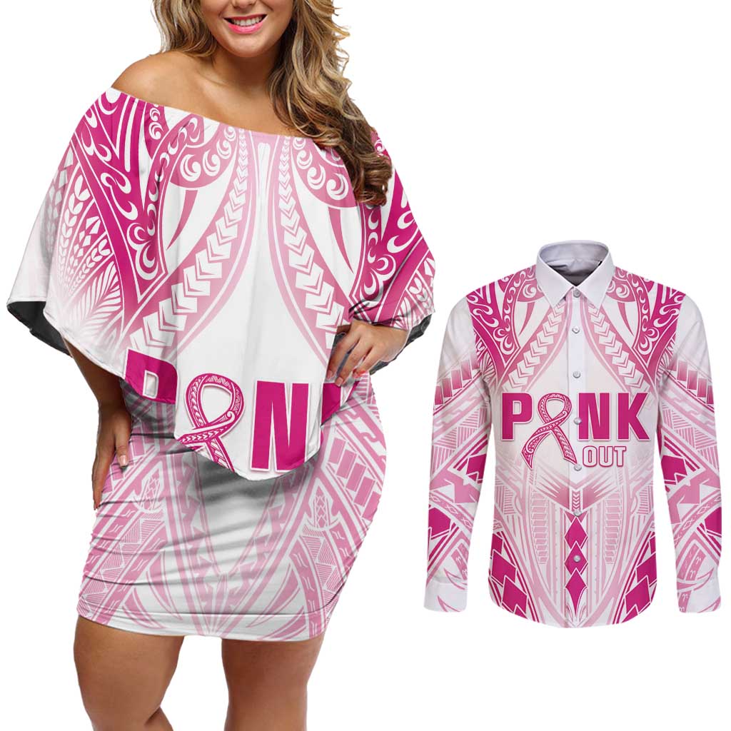 Breast Cancer Pink Out Couples Matching Off Shoulder Short Dress and Long Sleeve Button Shirt Polynesian Art Tattoo White Version