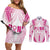 Breast Cancer Pink Out Couples Matching Off Shoulder Short Dress and Long Sleeve Button Shirt Polynesian Art Tattoo White Version