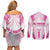 Breast Cancer Pink Out Couples Matching Off Shoulder Short Dress and Long Sleeve Button Shirt Polynesian Art Tattoo White Version