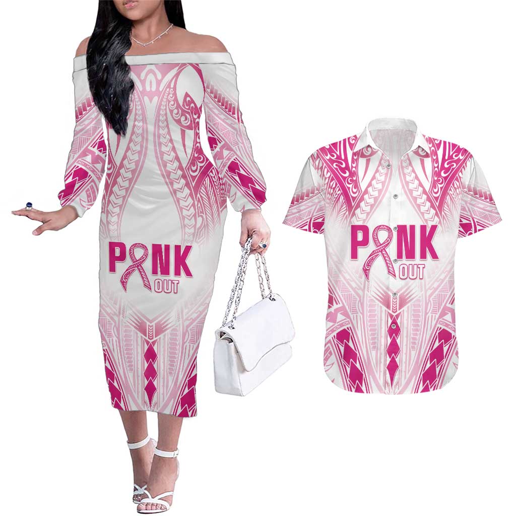 Breast Cancer Pink Out Couples Matching Off The Shoulder Long Sleeve Dress and Hawaiian Shirt Polynesian Art Tattoo White Version