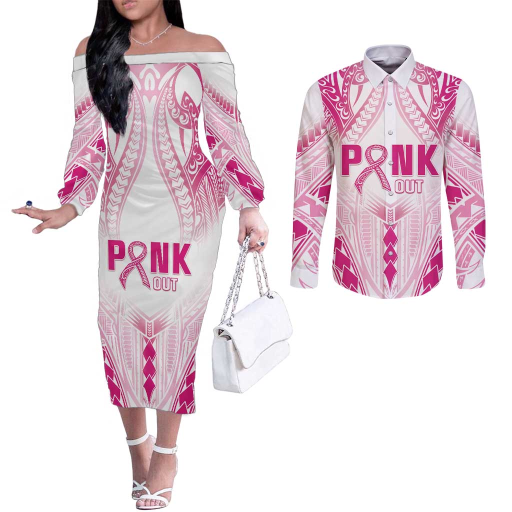 Breast Cancer Pink Out Couples Matching Off The Shoulder Long Sleeve Dress and Long Sleeve Button Shirt Polynesian Art Tattoo White Version