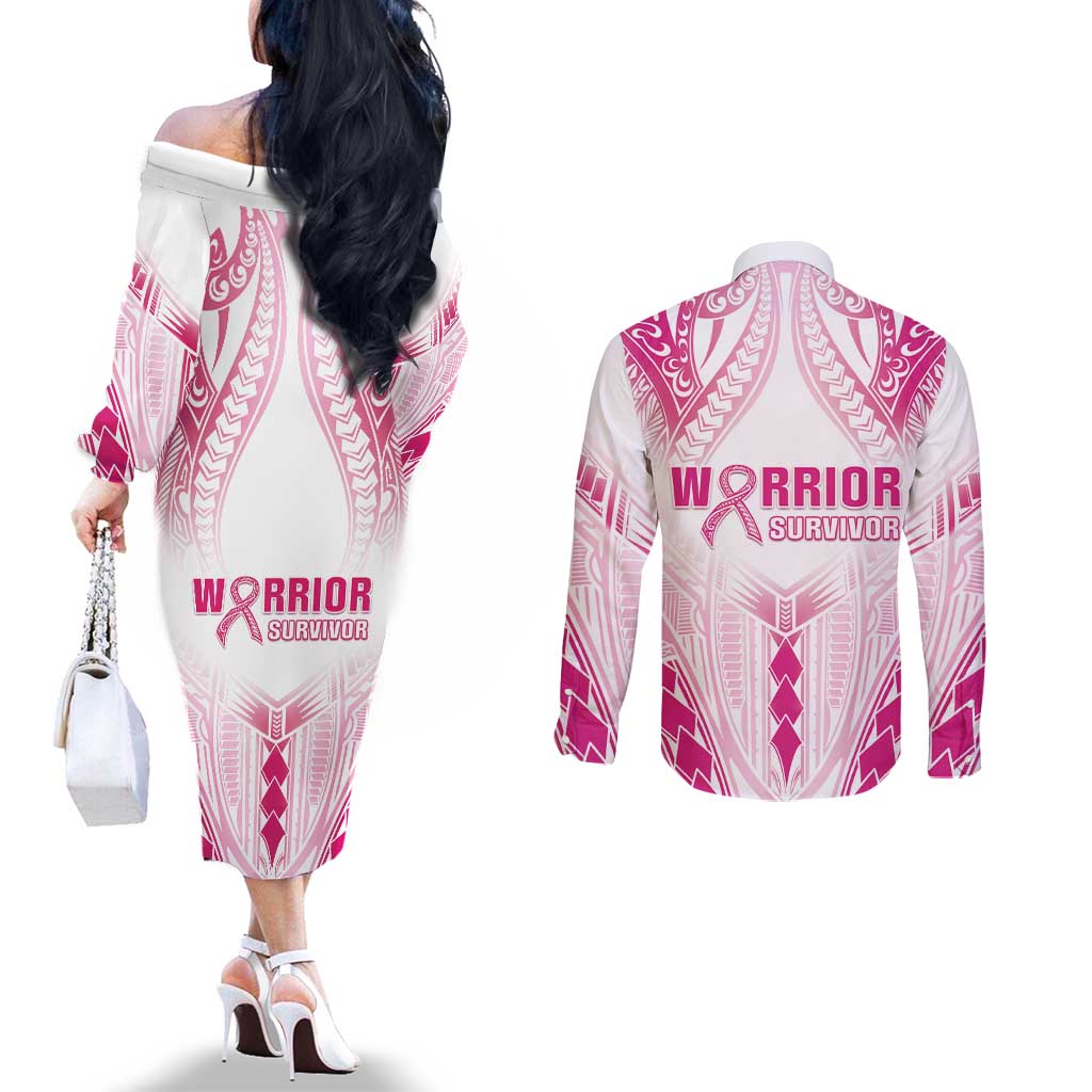 Breast Cancer Pink Out Couples Matching Off The Shoulder Long Sleeve Dress and Long Sleeve Button Shirt Polynesian Art Tattoo White Version