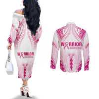 Breast Cancer Pink Out Couples Matching Off The Shoulder Long Sleeve Dress and Long Sleeve Button Shirt Polynesian Art Tattoo White Version